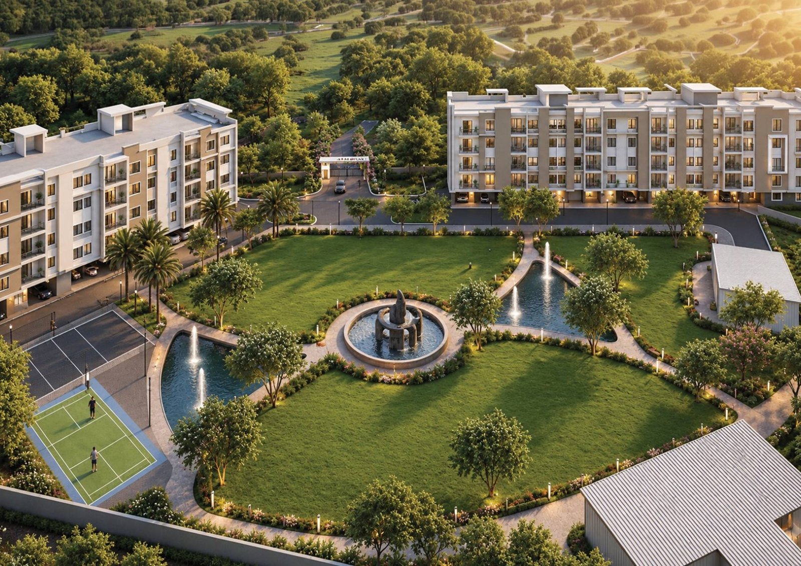 Aerial view of INFINITY’s two residential blocks around a shared green courtyard