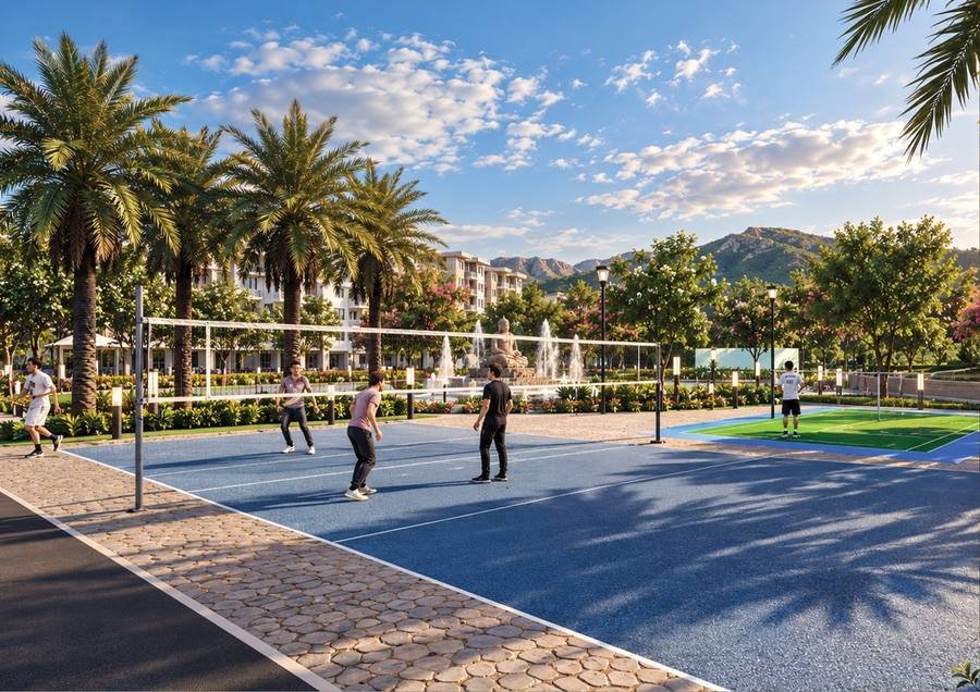 Landscaped outdoor multi-sports court at INFINITY