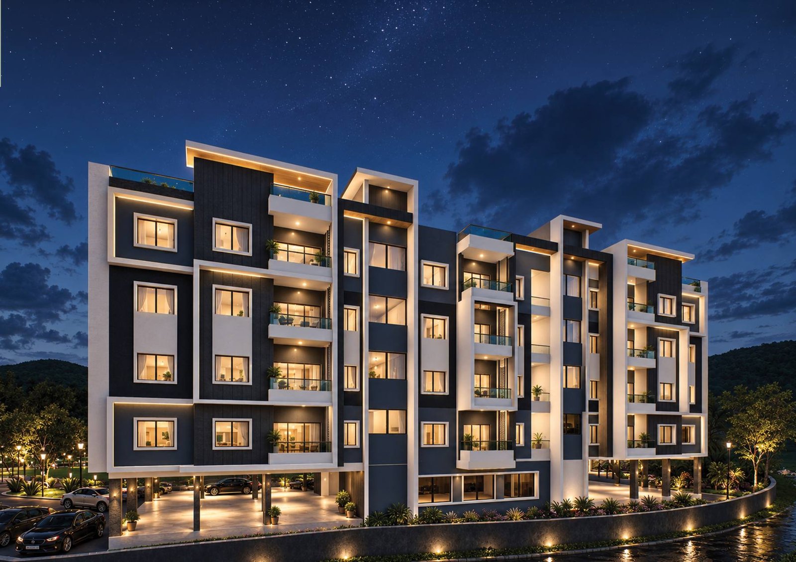 INFINITY residential facade illuminated at night