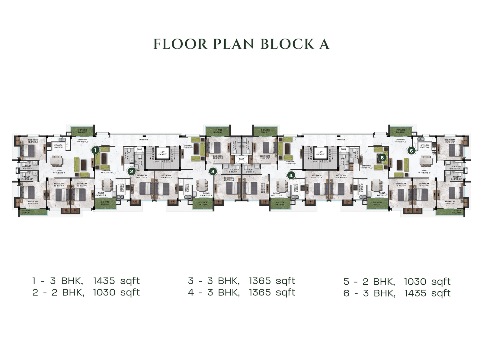 Block A floor plan with six numbered homes and their areas